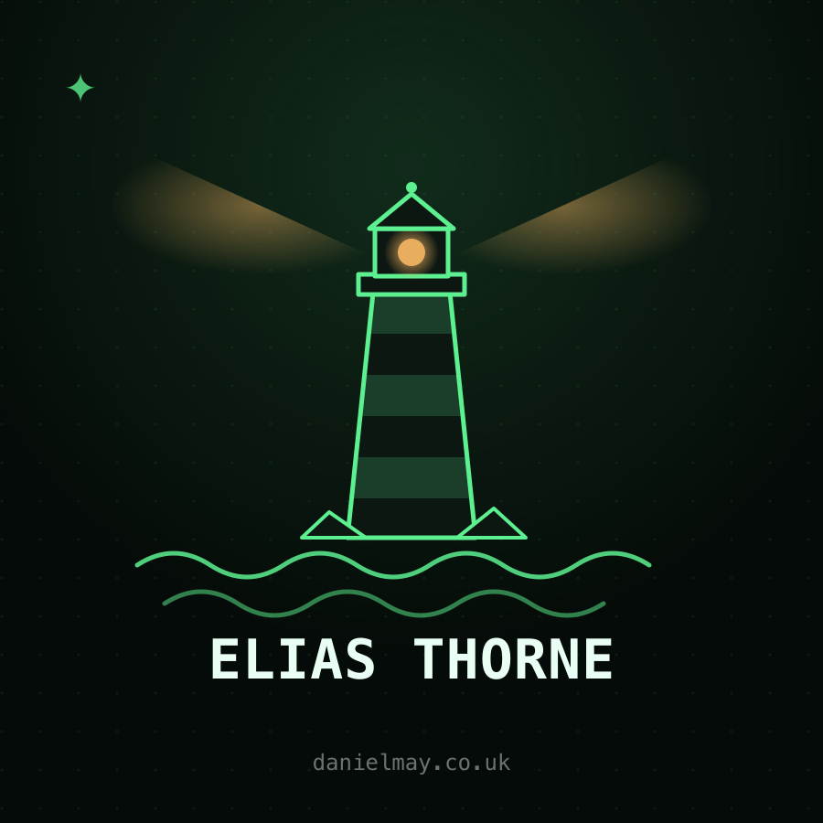 'Cheap agents, alumni shirts, and Elias Thorne' on a dark green CRT card beside a line-drawn lighthouse with an amber lamp, with 'Elias Thorne' marked in a green highlighter band.