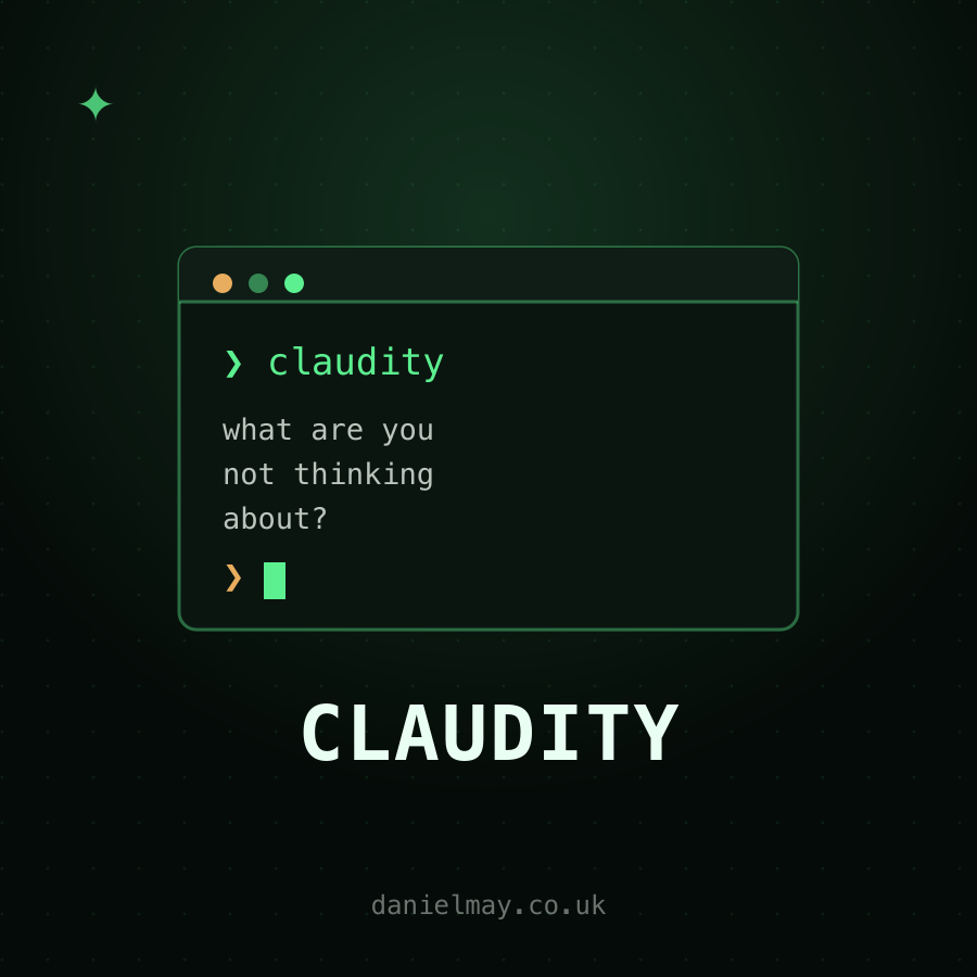 'Claudity' on a dark green CRT card, with the line 'a thinking partner for Claude Code.'