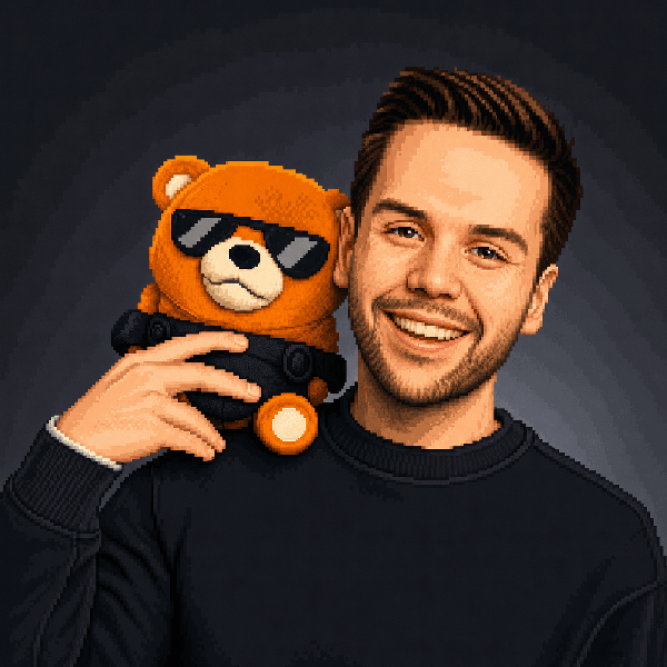 Pixel-art portrait of Daniel May holding a small bear in sunglasses