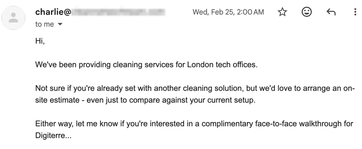 Second cleaning-services cold email, signed 'Charlie', addressed to me as a former manager at a London fintech consultancy