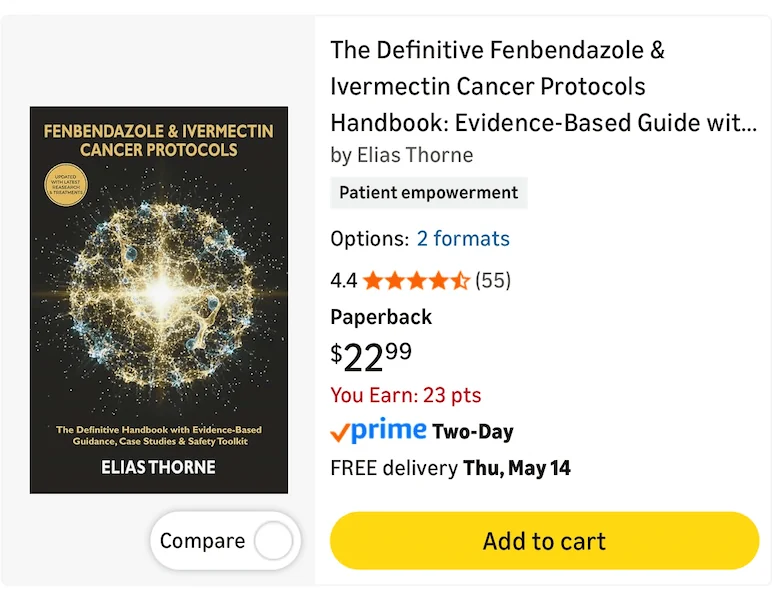 Amazon Kindle listing for an alt-medicine cancer-protocols handbook by 'Elias Thorne', rated 4.4 stars over 55 reviews