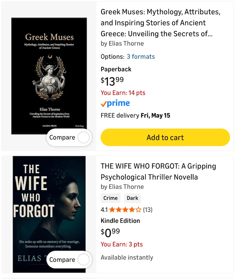 Two Amazon Kindle listings stacked, both by 'Elias Thorne': a Greek-mythology book and a psychological-thriller novella