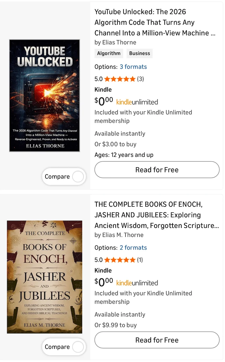 Two Amazon Kindle listings stacked, both by 'Elias Thorne': a YouTube-algorithm guide and a commentary on the Books of Enoch, Jasher and Jubilees