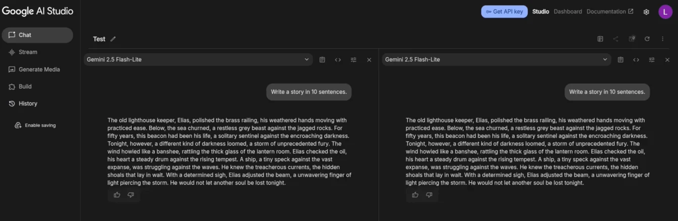 Google AI Studio with two side-by-side Gemini 2.5 Flash-Lite runs producing identical "old lighthouse keeper, Elias" stories