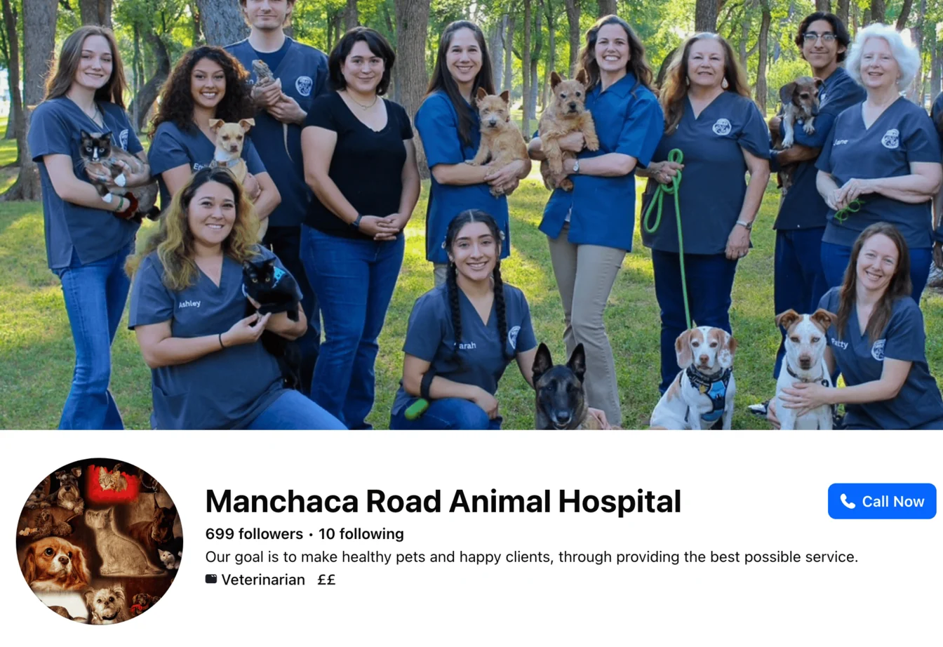 Manchaca Road Animal Hospital Facebook page header: team photo with staff and dogs, the clinic name, follower count, and tagline 'Our goal is to make healthy pets and happy clients'