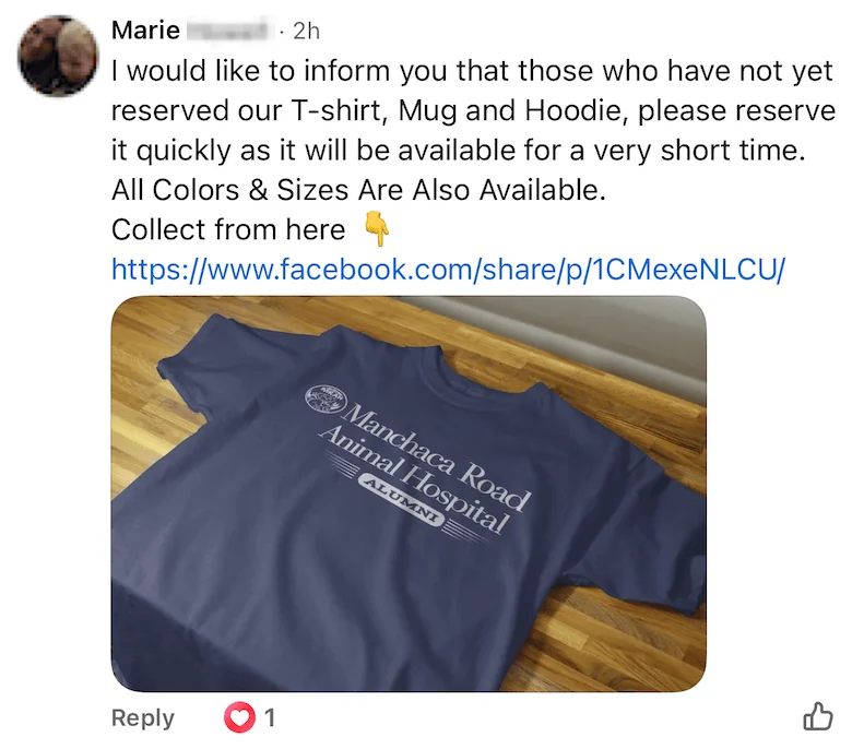 Comment from a second account, Marie, running the same templated impersonation with a T-shirt-Mug-Hoodie variation, shown above the Manchaca Road shirt mockup