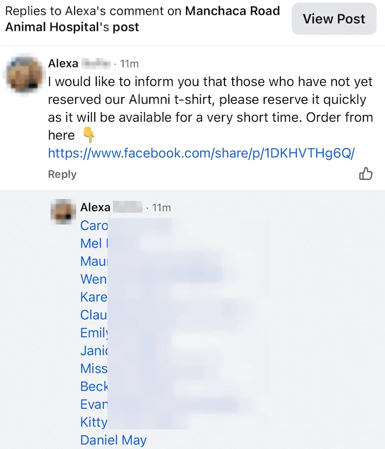 Replies to Alexa Sufia's templated comment impersonating the clinic, followed by her mass-tag reply listing names of clinic followers