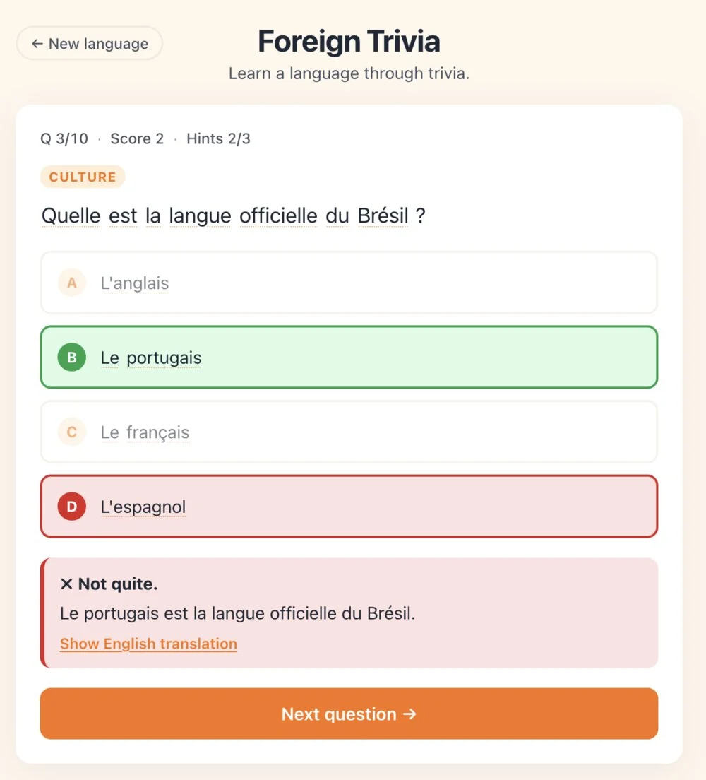 A French question on Foreign Trivia asking which is the official language of Brazil, with the correct answer (Le portugais) shown in green and a wrong selection (L'espagnol) shown in red