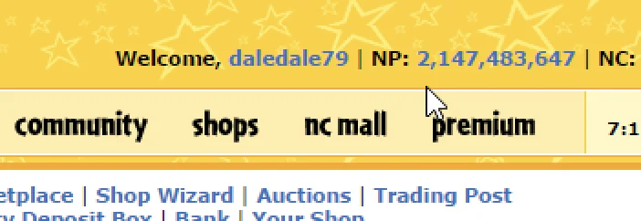 A Neopets account balance showing 2,147,483,647 Neopoints, the signed 32-bit integer maximum