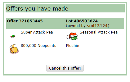A Trading Post exchange offering a real Super Attack Pea in return for a plushie version, a free 1B upgrade