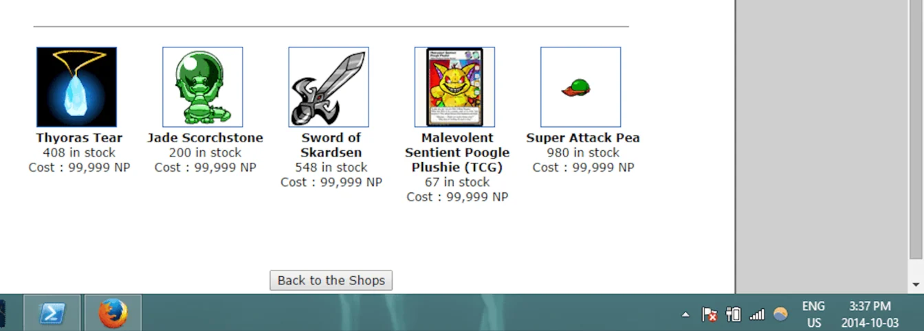 A user shop stocked with a thousand duplicated Super Attack Peas, each priced at the maximum